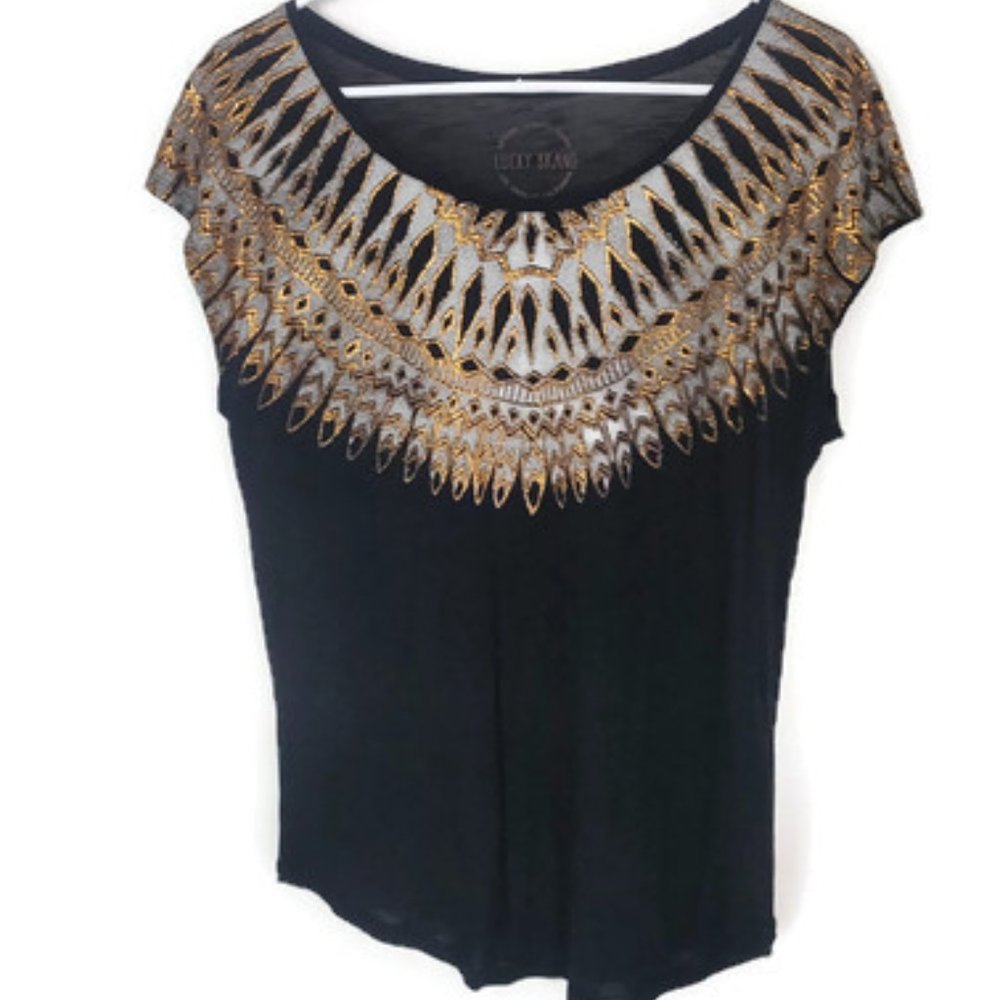 Lucky Brand Black Gold Print Cap Sleeve Soft Shirt